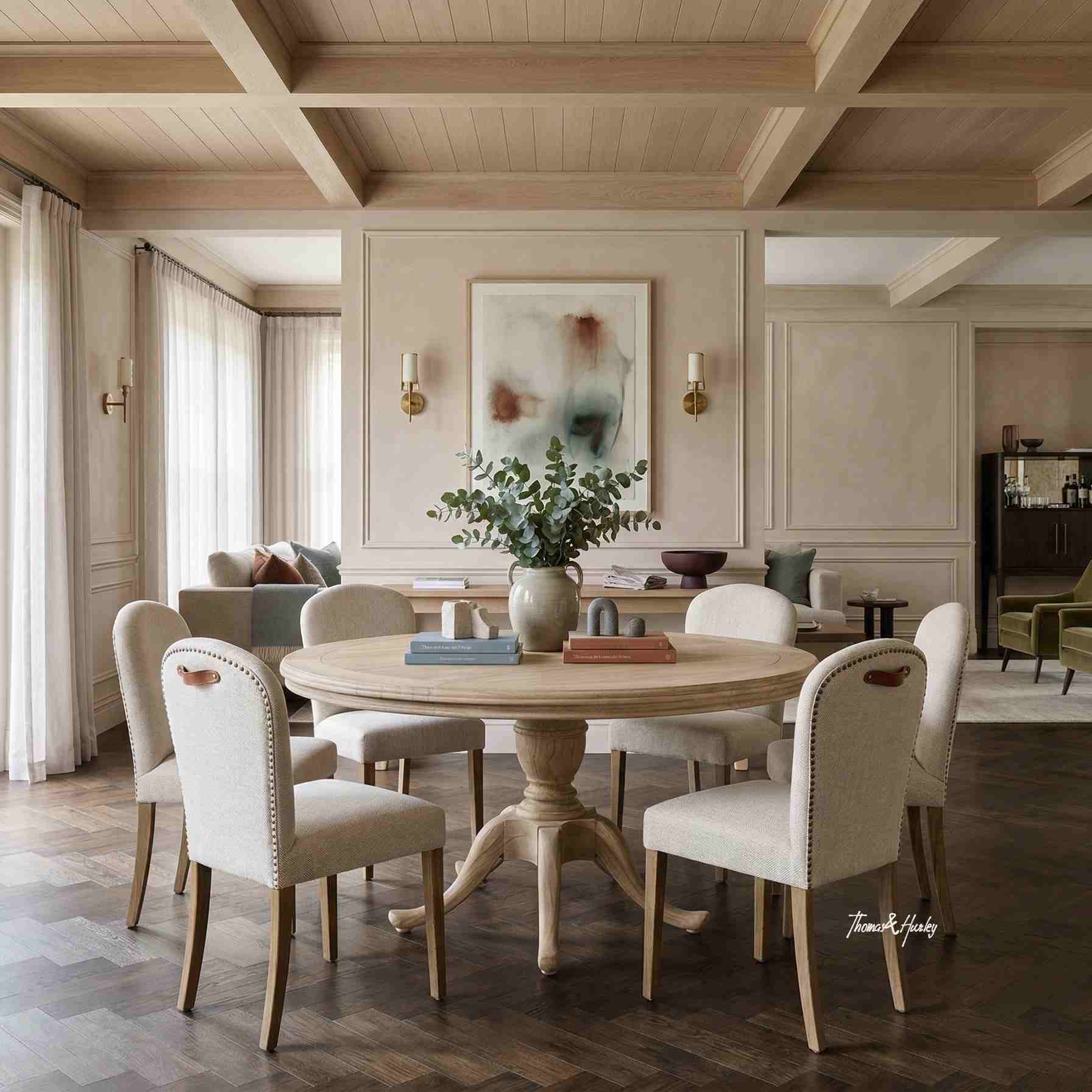Birkhall Round Dining Table with Stratford Chairs | Elegant Dining Room Styling Birkhall round dining table with cabriole feet styled with upholstered Stratford dining chairs in an elegant neutral dining room