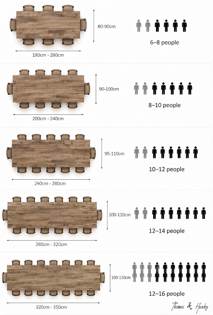 Size guide showing how many chairs fit around a dining table