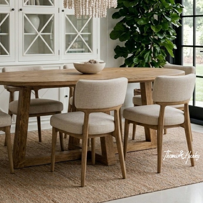 Royston dining chair styled in a contemporary Australian dining room, curved silhouette with natural timber frame and textured upholstery
