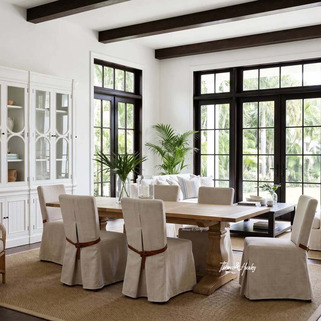 Sandringham Double Extension Dining Table in Hamptons Dining Room | Thomas & Hurley Sandringham double extension dining table in natural timber styled with linen slipcover dining chairs in a bright Hamptons-style dining room