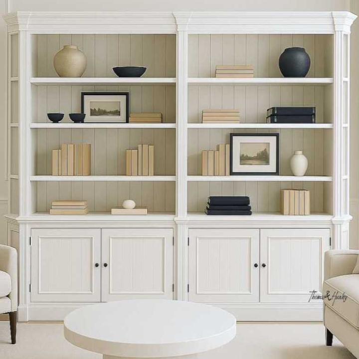 Stonefield Double Bookcase with Angled Sides by Thomas and Hurley Stonefield double bookcase wall unit with angled sides in white